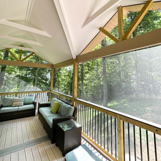 A renovated 3-story deck with new, mesh screens.