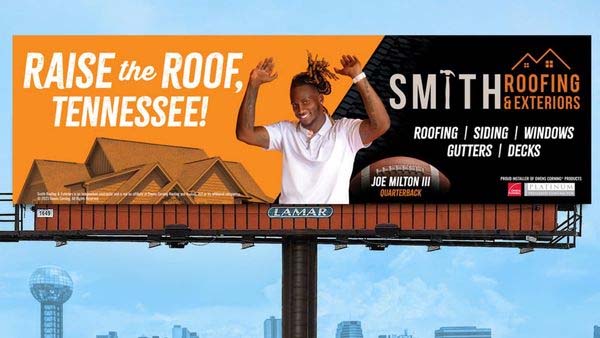 Smith Roofing & Exterior’s new billboards featuring quarterback Joe Milton.