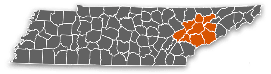 Tennessee graphic showing the counties that we serve