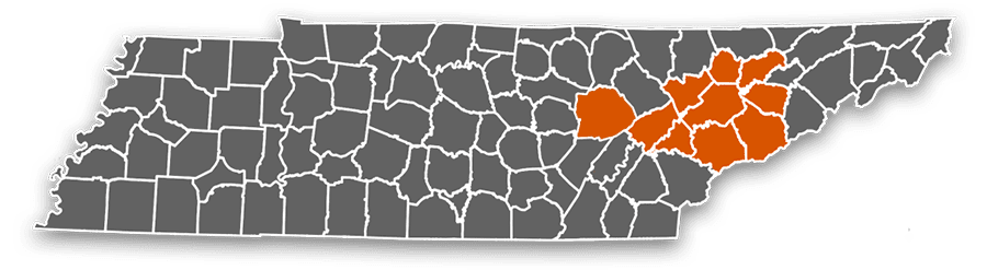 Tennessee graphic showing the counties that we serve