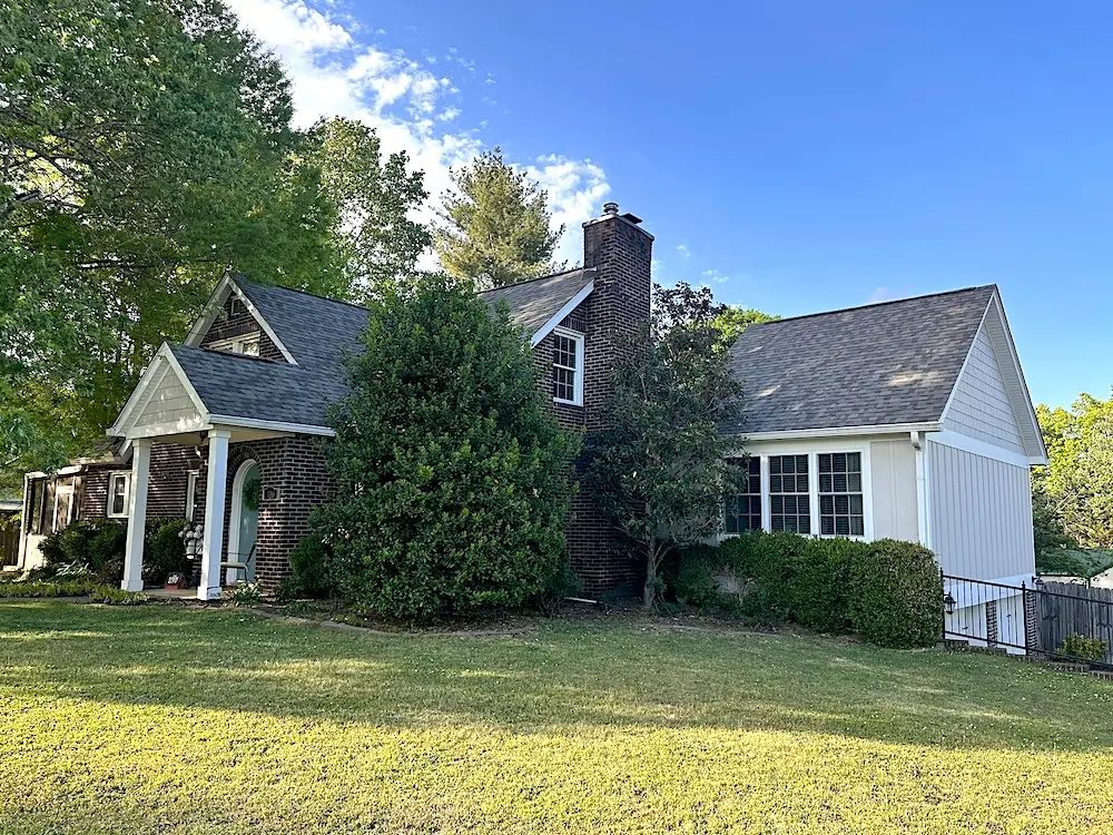 Completed 1930s Maryville home with new Owens Corning Driftwood roof and restored chimney