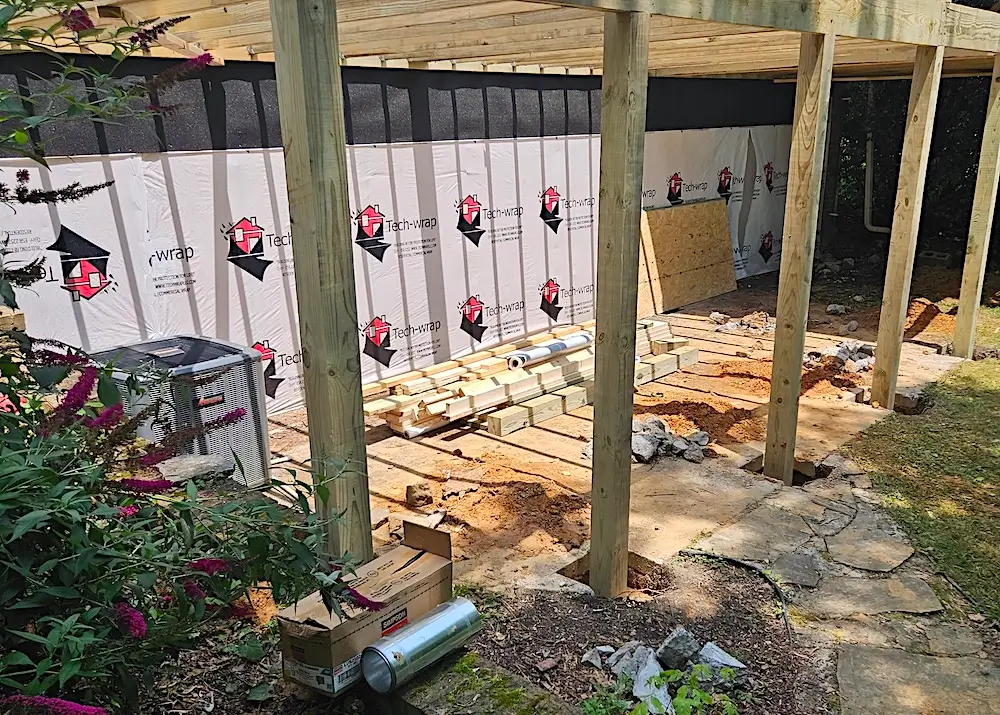 deck being built showing the reinforced footers for strength.